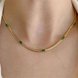 Flat Snake Chain Choker Necklace Stainless Steel Green CZ Necklace