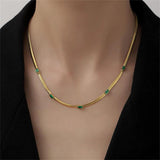 Flat Snake Chain Choker Necklace Stainless Steel Green CZ Necklace