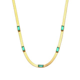 Flat Snake Chain Choker Necklace Stainless Steel Green CZ Necklace