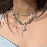 Layered Beads Chain Stars Pendant Necklace for Women Charms Collar Jewelry