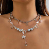 Layered Beads Chain Stars Pendant Necklace for Women Charms Collar Jewelry
