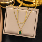 Double Layered Necklace Green CZ Pendant Female Jewelry