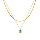 Double Layered Necklace Green CZ Pendant Female Jewelry