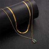 Double Layered Necklace Green CZ Pendant Female Jewelry