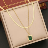 Double Layered Necklace Green CZ Pendant Female Jewelry