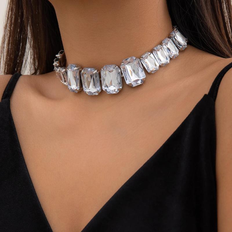 Square Rhinestone Short Choker Necklace for Women