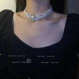 3-layers Pearls Collar Choker Necklace Short Party Jewelry