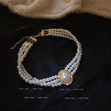 3-layers Pearls Collar Choker Necklace Short Party Jewelry
