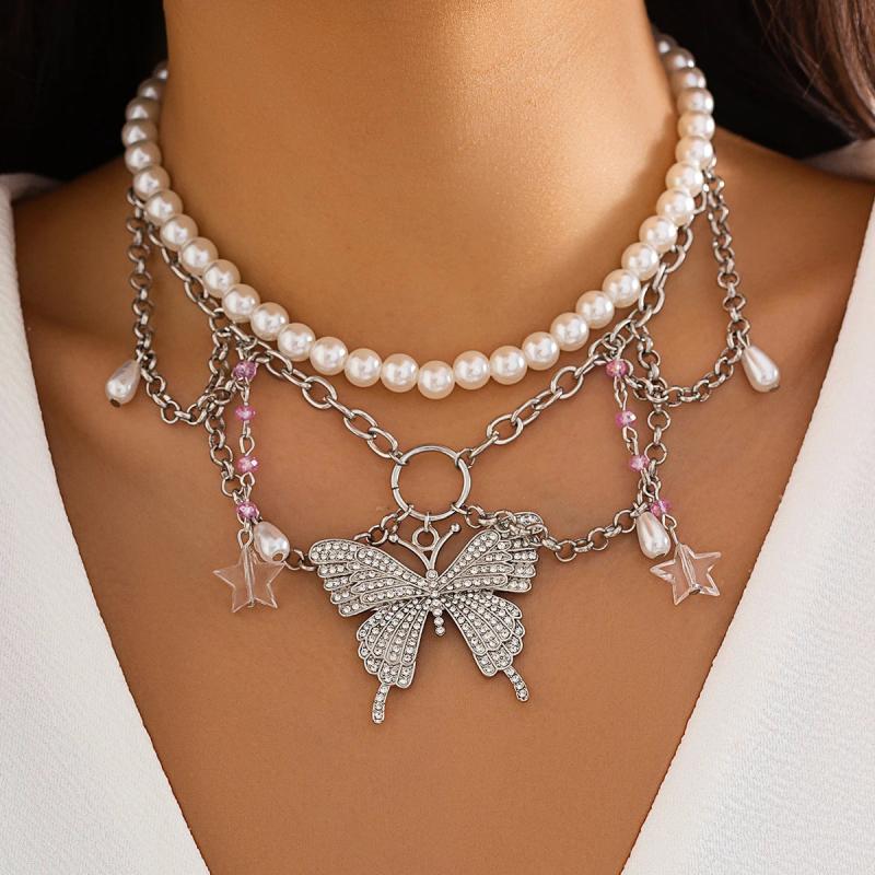 Butterfly Pendant Necklace with Tassel Chain