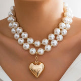 Gothic Hollow CCB Heart Pendant Necklace Pearl Chain Clavicle Jewelry