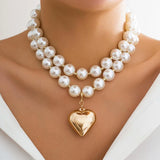 Gothic Hollow CCB Heart Pendant Necklace Pearl Chain Clavicle Jewelry