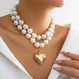 Gothic Hollow CCB Heart Pendant Necklace Pearl Chain Clavicle Jewelry