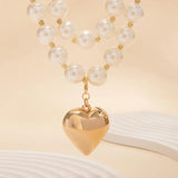 Gothic Hollow CCB Heart Pendant Necklace Pearl Chain Clavicle Jewelry