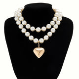 Gothic Hollow CCB Heart Pendant Necklace Pearl Chain Clavicle Jewelry