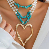 Vintage Punk Metal Heart Pendant Necklace Green Stone Pearl Chain