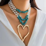 Vintage Punk Metal Heart Pendant Necklace Green Stone Pearl Chain