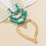 Vintage Punk Metal Heart Pendant Necklace Green Stone Pearl Chain