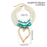Vintage Punk Metal Heart Pendant Necklace Green Stone Pearl Chain