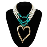 Vintage Punk Metal Heart Pendant Necklace Green Stone Pearl Chain