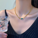 Punk Cuban Chain Choker Necklace, Stainless Steel Green CZ Necklace