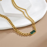 Punk Cuban Chain Choker Necklace, Stainless Steel Green CZ Necklace