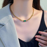 Punk Cuban Chain Choker Necklace, Stainless Steel Green CZ Necklace