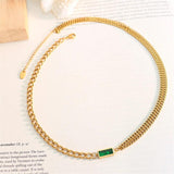 Punk Cuban Chain Choker Necklace, Stainless Steel Green CZ Necklace