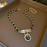 Pearl Crystal Letter Choker Necklace Luck No.5