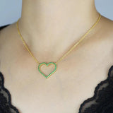 Green Cz Heart Shaped Link Chain Necklace