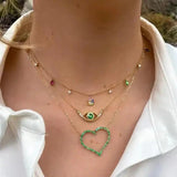 Green Cz Heart Shaped Link Chain Necklace