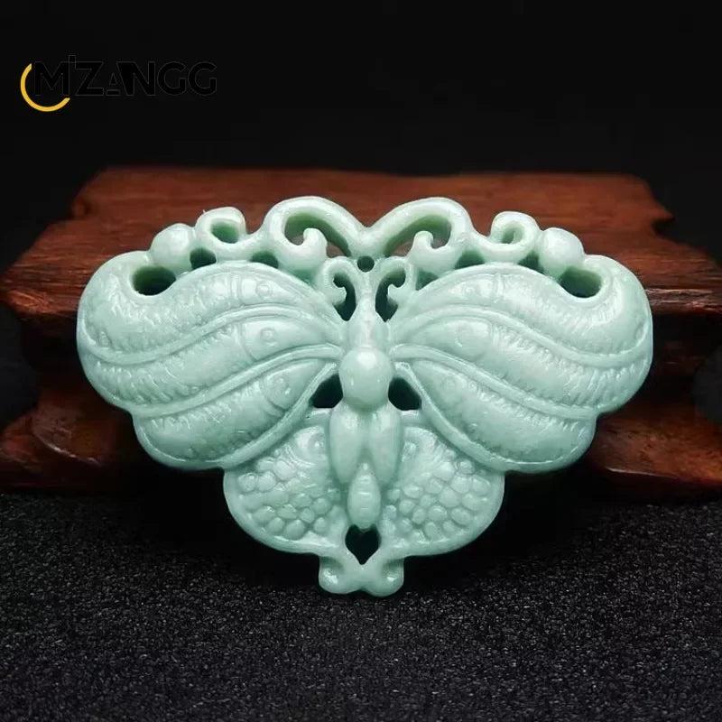 Green Jade Butterfly Pendant Carved Necklace Charm Jewelry