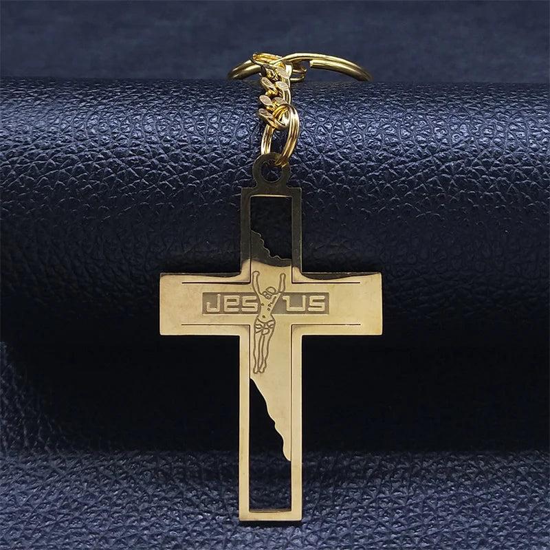 Christian Jesus Cross Keychain, Stainless Steel Religious Christ Keyring