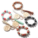 Leopard Print Wood Bead Keychain Tassel Bag Pendant