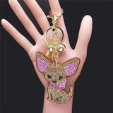 Chihuahua Dog Crystal Keychain Bag Accessories Women Keyring Jewelry
