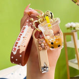 Pearl Milk Tea Bear Liquid Keychain Girl Boy Bag Pendant Keyring Key Charm