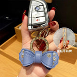 Rhinestone Bow Keychain Gold Metal Ring Car Motorcycle Key Accessory