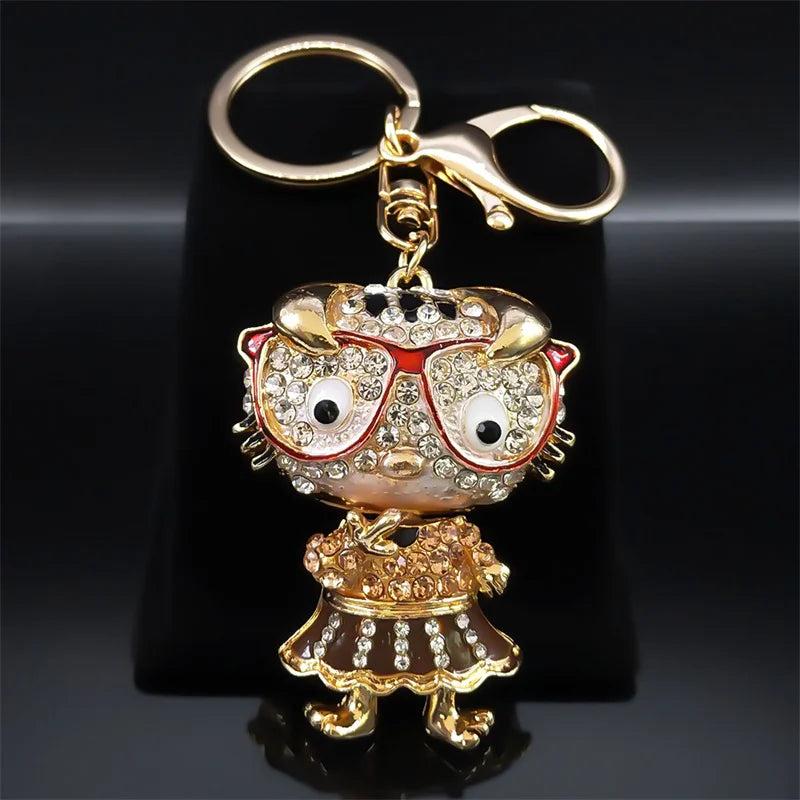 Cute Cat Rhinestone Keychain with Glasses for Women Men