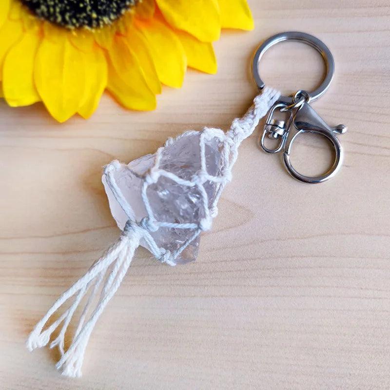 Macrame Crystal Quartz Rough Stone Keychain Women Topaz Key Ring