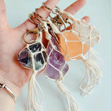 Macrame Crystal Quartz Rough Stone Keychain Women Topaz Key Ring