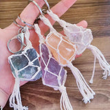 Macrame Crystal Quartz Rough Stone Keychain Women Topaz Key Ring