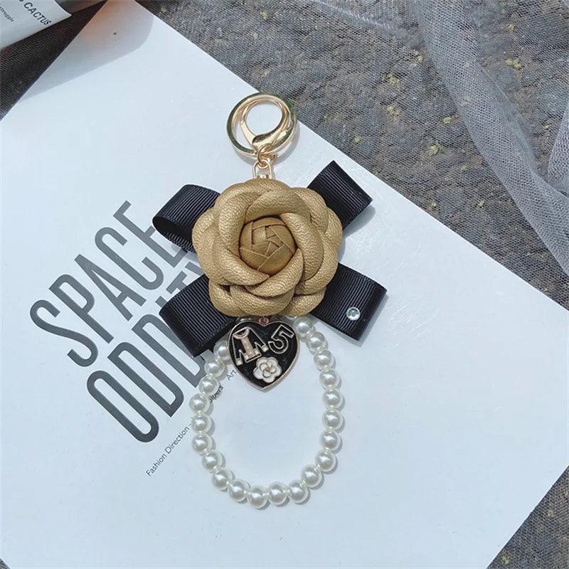 Faux Leather Camellia Flower Key Chain Bag Charm