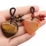 Natural Crystal Agate Heart Charm Hand Braided Rope Keychain Pendant