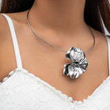 Vintage Silver Petal Pendant Collar Necklace for Women Choker Neck