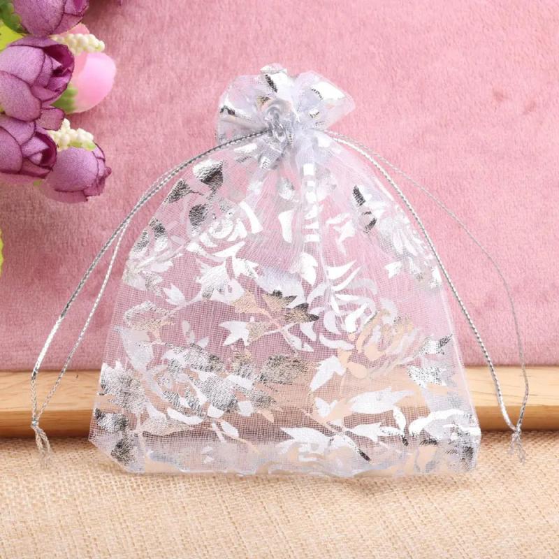 Rose Organza Jewelry Bag Flower Printing Drawstring Pouches
