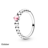 925 Silver Birthstone Beaded Crystal Pandora Ring Women Birthday Gift