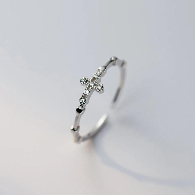 925 Silver Zircon Cross Adjustable Ring Religious Jewelry for Women