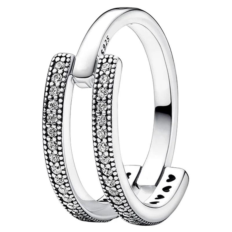 925 Silver Stars Stones Signature 2-tone Pave Double Band Ring for Women