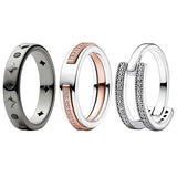 925 Silver Stars Stones Signature 2-tone Pave Double Band Ring for Women