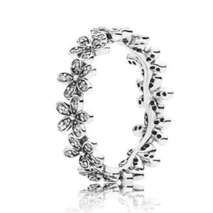 925 Silver Daisy Flower Chain Crystal Ring for Women Wedding Party