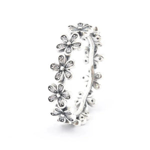 925 Silver Daisy Flower Chain Crystal Ring for Women Wedding Party